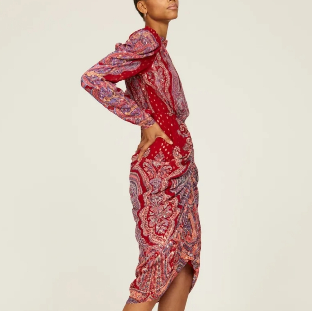 Rococo Sand Nott Printed Metallic Plunge Mini Dress Puff Sleeve - Picture 9 of 10